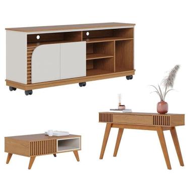 Imagem de Rack Bancada Jurerê 1.5 Com Mesa De Centro Jeri Freijó Off White Matte E Aparador Riviera Freijó - Colibri