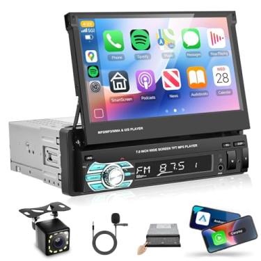 Imagem de Rádio estéreo automotivo Din único com Carplay Android Auto, tela sensível ao toque manual HD IPS de 7 polegadas, estéreo 5.0 Bluetooth para carro com câmera de reserva, GPS, link espelhado, SWC, EQ