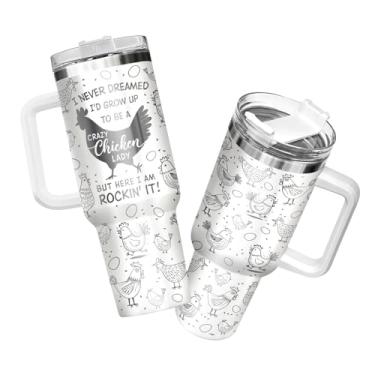 Imagem de 34HD Copo Crazy Chicken Lady com alça e canudo, Caneca de café Mama Hen gravada 1,134 g com tampa, presentes engraçados de frango para meninas e mulheres no aniversário, dia das mães, Natal