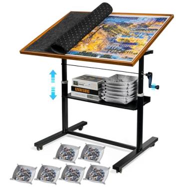 Imagem de Sunix 1500 peças de mesa de quebra-cabeça com pernas, 91 cm x 66 cm de altura ajustável e 6 bandejas classificadoras, 12 ângulos de inclinação portátil de madeira para adultos, rodas fechadas, marrom