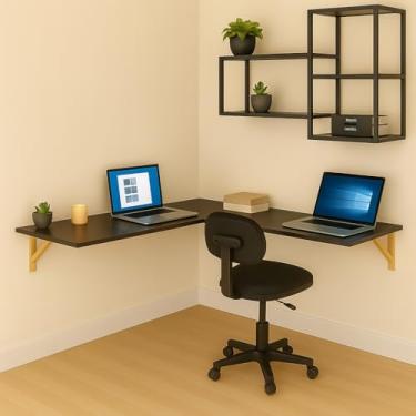Imagem de Mesa em L Suspensa para Computador e Notebook - Estilo Industrial com Prateleira e Mão Francesa de Madeira Maciça, Ideal para Home Office e Gamer(PRETO)