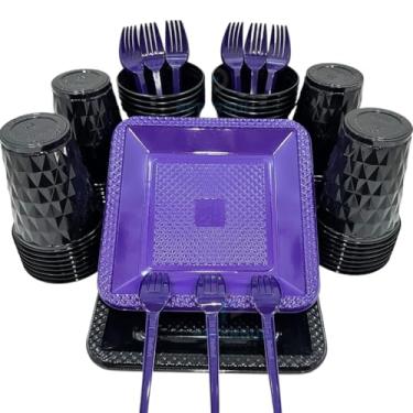 Imagem de Kit 260 Itens Descartaveis Festa Aniversário Prato Quadrado Diamante Plástico Colorido Perolado Candy Pastel (Preto Roxo)