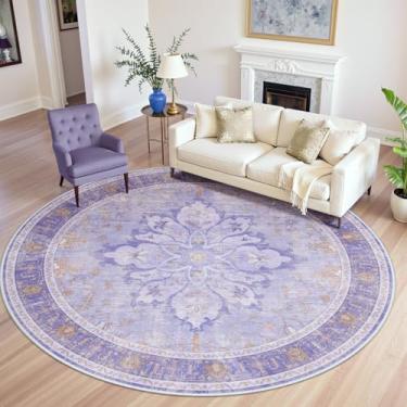 Imagem de RELEANY Tapetes de área de 2,4 m, lavável, antiderrapante, estampa floral, vintage, tapete medalhão para sala de estar, quarto, sala de jantar, roxo claro e marrom