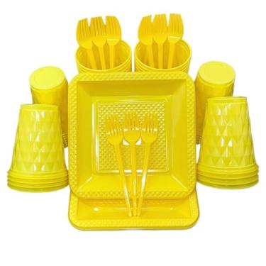 Imagem de Kit 260 Itens Descartaveis Festa Aniversário Prato Quadrado Diamante Plástico Colorido Perolado Candy Pastel (Amarelo)