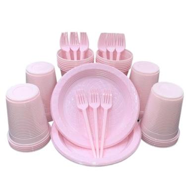 Imagem de Kit 300 Itens Festa Aniversário Descartáveis Plástico Colorido Perolado 100 Pessoas Completo Pratinho Garfinhos Copos (Rosa Candy)