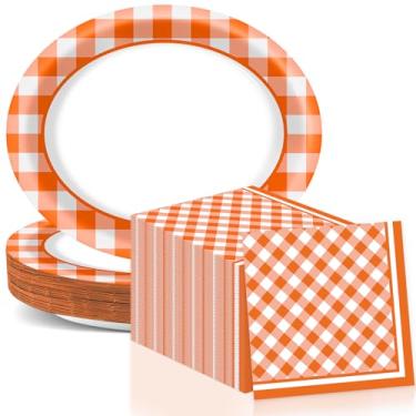 Imagem de Pratos de papel oval xadrez laranja de 28 cm, prato e guardanapo de papel guingão laranja e branco, bandeja de pratos, decoração de festa xadrez de outono, suprimentos para aniversário, churrasco