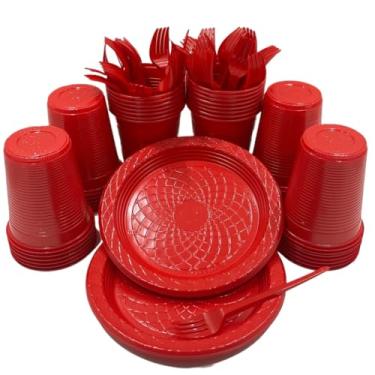 Imagem de Kit 300 Itens Festa Aniversário Descartáveis Plástico Colorido Perolado 100 Pessoas Completo Pratinho Garfinhos Copos (Vermelho)