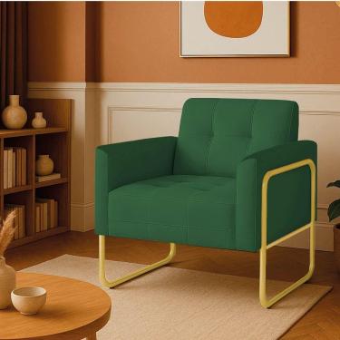 Imagem de Poltrona Sala Industrial Alta Tubo Dourado Elisa Suede Verde D03 - D`rossi