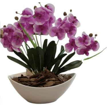 Imagem de Arranjo de Orquídea Artificial Phalaenopsis com Vaso Côncavo Branco e Casca Polida - Decoração Sofisticada para Ambientes Internos(Roxo)