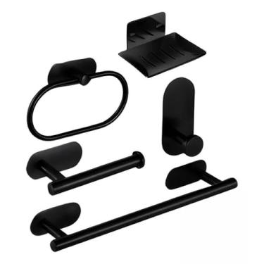 Imagem de Kit Suportes Banheiro Acessórios Cabide Toalheiros Autocolante Papeleira 5 Peças Aço Inox - Conjunto Completo com Toalheiro, Cabide e Porta Papel sem Furo - Organizador Moderno para Parede(Preto)