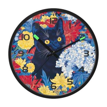 Imagem de SEHANY Relógio de parede engraçado de gato preto silencioso sem tique-taque, relógio redondo operado por bateria 30,5 cm, controle de som, luz noturna, relógios de parede para sala de estar, cozinha