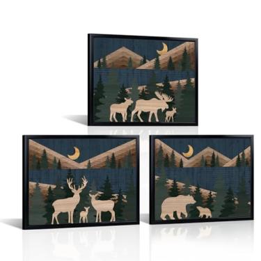 Imagem de Visual Art Decor Arte de parede em tela de veado urso alce montanha floresta lua pintura cabine decoração de parede, moldura preta 30,5 x 40,6 cm x 3 peças, decoração de casa de banho, casa de banho