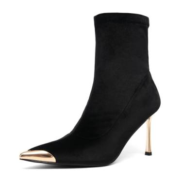 Imagem de NEWBELLA Botas femininas de cano curto, bico fino, salto agulha de metal, bico cavado, para festas e clubes, Preto escuro, 36