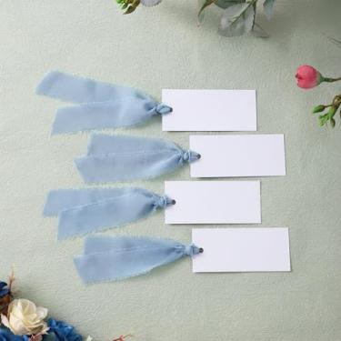 Imagem de 50 cartões de lugar para colocar mesa com fita de chiffon para casamento, cartões de lugar em branco, etiquetas de presente para pendurar 3 x 9 cm para eventos de jantar de casamento (azul escuro)