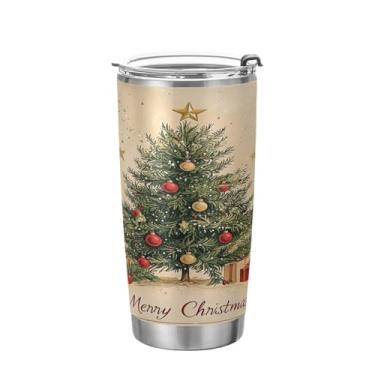 Imagem de YETTASBIN Copo de árvore de Natal com tampa de palha, copo de aço inoxidável de 590 ml, parede dupla, isolada a vácuo, caneca de café de viagem para bebidas quentes e frias