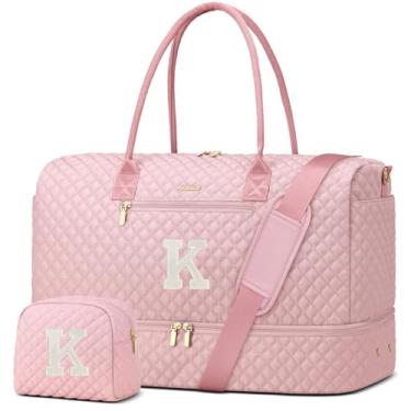 Imagem de Bolsa feminina de fim de semana com compartimento para sapatos com compartimento para sapatos, bolsa noturna personalizada com bolsa de higiene para academia, hospital, presente para mulheres, rosa