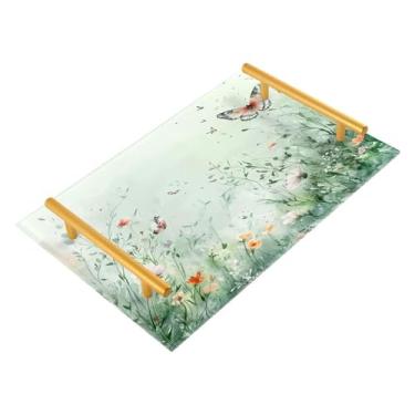 Imagem de Wassud Bandeja de banheiro com alças aquarela flores silvestres e borboletas organizador de perfume de acrílico para banheiro cozinha balcão 30 x 20 cm