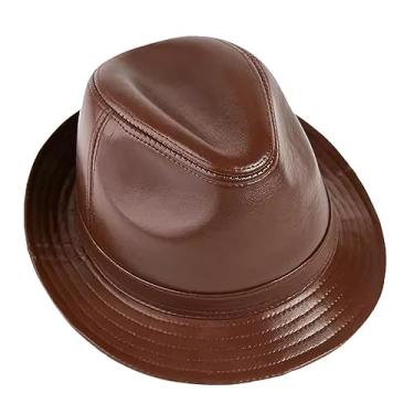 Imagem de Chapéu masculino feminino de couro Trilby chapéu unissex clássico chapéu (marrom-GG
