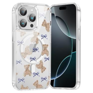 Imagem de FBHGLOA Capa de telefone para iPhone 16 Pro de 6,3 polegadas com lindo nó de laço, compatível com MagSafe, design de urso de fita estética, à prova de choque, antiamarelamento, capa magnética