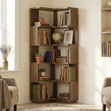 Imagem de VOOVY Estante de canto – 6 camadas em forma de L, estante independente de madeira de 167 cm de altura, organizador moderno de armazenamento para escritório, sala de estar, cor nogueira