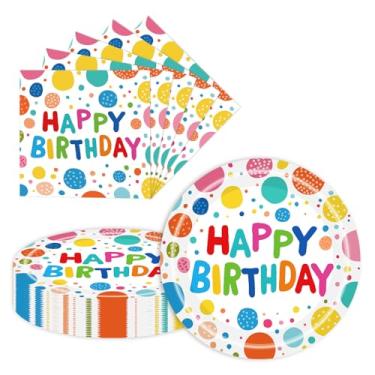 Imagem de 40 peças de pratos e guardanapos de papel de aniversário de 18 cm descartáveis artigos de festa de feliz aniversário conjunto de utensílios de mesa para 20 convidados (feliz aniversário)