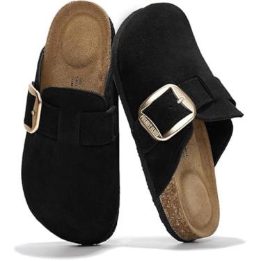 Imagem de Project Cloud Tamancos de couro genuíno para mulheres - Palmilha de espuma viscoelástica, antiderrapante e de cortiça natural, suporte de arco, tamancos e mules femininos com fivela grande (Manchester