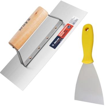 Imagem de Desempenadeira De Aço Lisa e Cabo em Madeira + Espátula 6cm Aço Carbono Cabo Plástico PVC Profissional