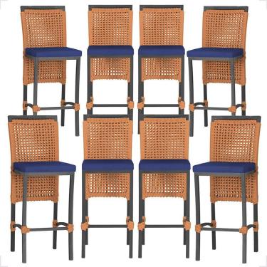 Imagem de 8 Banquetas Em Alumínio Roma Preta Corda Náutica Tecido 10 Terra Cota
