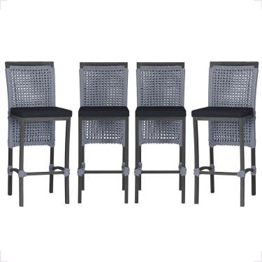 Imagem de 4 Banqueta Em Alumínio Roma Preta Corda Náutica Tecido 12 Prata