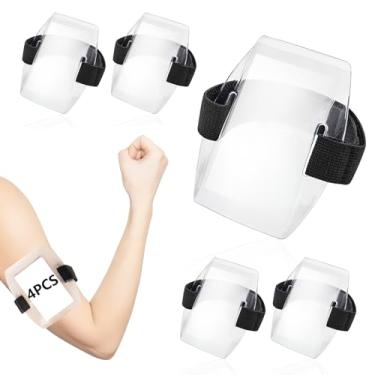 Imagem de 4 peças de suporte de crachá de braço transparente com alça preta, braçadeira à prova d'água com alça elástica ajustável, suporte de crachá de braço de identificação de passe de esqui de tamanho