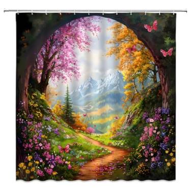Imagem de Fantasia natureza paisagem cortina de chuveiro árvores coloridas flor de cerejeira vista montanha borboletas e flores cenário primavera decoração banheiro cortinas poliéster com ganchos, 70x70L
