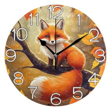 Imagem de GAIGEO Relógio de parede analógico decorativo operado por bateria relógio de cozinha rústico, decoração de parede de meados do século sala de estar, bonito outono raposa amarelo, 25 cm, ponteiros