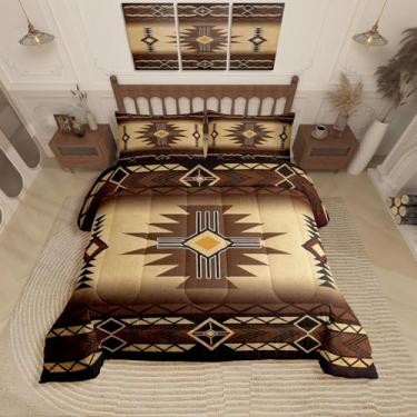 Imagem de Conjunto de edredom queen do sudoeste, estampa tribal asteca ocidental, retrô, listrado, para decoração de quarto de adolescentes, mulheres, homens, adultos, rústico, marrom, 2 fronhas