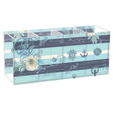 Imagem de TSENQUE Porta-canetas de acrílico azul com listras florais náuticas personalizadas para arte de mesa, escritório, lápis, pincel de maquiagem, copo para decoração de escritório, acessórios de mesa