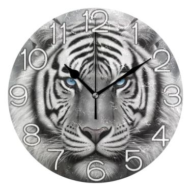 Imagem de Relógio de parede analógico decorativo estético silencioso sem tique-taque relógio de cozinha rústico, decoração de parede de sala de estar moderna, tigre frio preto e branco, 25 cm, ponteiros pretos