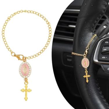 Imagem de AuMoHall 2 peças acessório de pingente de rosário de volante, pingente de rosário católico com Virgem Maria e crucifixo para decoração de pendurar no espelho retrovisor de carro, dourado com rosa