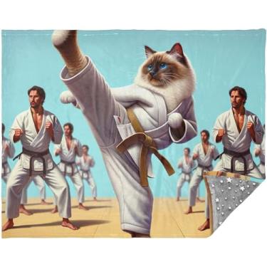 Imagem de Cobertores macios engraçados de gato de karatê personalizados para sofá essenciais presentes de viagem 177,8 cm x 139,7 cm cobertor grande engraçado