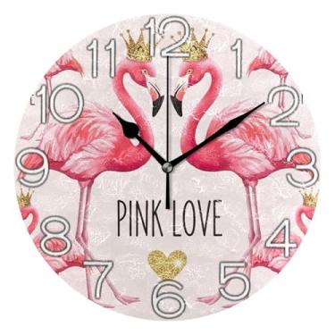 Imagem de GAIGEO Relógio de parede analógico decorativo operado por bateria relógio de cozinha de escritório, decoração de sala de estar, arte moderna, flamingos rosa, dia dos namorados, 25 cm, ponteiros pretos