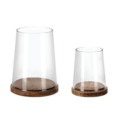 Imagem de Conjunto de 2 castiçais de vidro Hurricane com mangas de vidro resistentes feitas à mão e base de madeira natural vintage para velas e plantas, industrial, casa de fazenda, potes cloche de sino