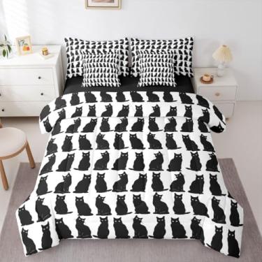 Imagem de Erosebridal Conjunto de edredom solteiro de gato preto com lençol para crianças e adolescentes | Conjunto de cama geométrico kawaii de gatos pretos com 7 peças, geométrico, kawaii, gatinho