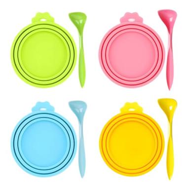 Imagem de Pacote com 4 tampas de lata de ração para animais de estimação, tampas de silicone para comida de cachorro para latas, tampas universais de tampa de comida úmida para gatos, capas de plástico