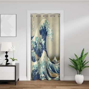 Imagem de Leyiyi Cortinas de porta japonesas para portas, tapeçaria asiática, decoração divisória de quarto, cortina de privacidade Ukiyoe Hokusai The Great Wave Off, capa divisória térmica com isolamento