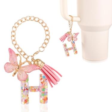 Imagem de Acessórios para copos com letras, lindo alfabeto para decoração de copo com alça de caneca, pingentes de decoração com borboleta, para Stanley Tumblers, mulheres, meninas, presente (H)