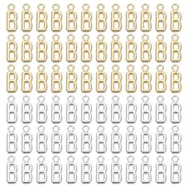 Imagem de YELARXI Pingente de letra A-Z com inicial do alfabeto pingente de liga capital, adequado para fazer joias pulseiras DIY colar - B (pacote com 100, prata brilhante/ouro escuro)