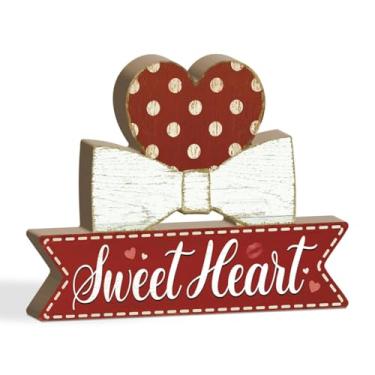 Imagem de Putuo Decor Decoração do dia dos namorados, placa de mesa de coração doce, prateleira MDF dos namorados com laço e coração de bolinhas, decoração rústica vermelha branca para bandeja em camadas, mesa
