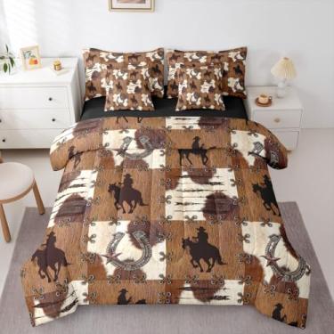 Imagem de Feelyou Conjunto de edredom de caubói ocidental com 7 peças, Queen Size, fazenda, vaca e ferradura em uma bolsa, para crianças, meninos, meninas, marrom, patchwork, decoração de quarto ocidental