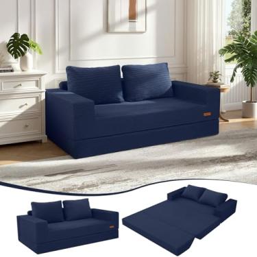 Imagem de COMAX Sofá-cama Queen conversível, sofá dobrável de veludo cotelê com travesseiros, sofá desdobrável e desossado, colchão confortável para sala de estar, quarto, azul marinho