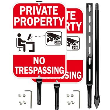 Imagem de Sinais de propriedade privada sem invasão com postes, 35 x 25 cm, alumínio refletivo, estacas de metal de 91 cm, resistente ao clima, pacote com 2