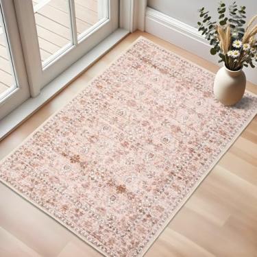 Imagem de Tapete vintage 2х3, suporte antiderrapante, lavável, resistente a manchas, supermacio, envelhecido, tapete persa, ideal para áreas de alto tráfego no quarto, sala de estar, cozinha, entrada rosa