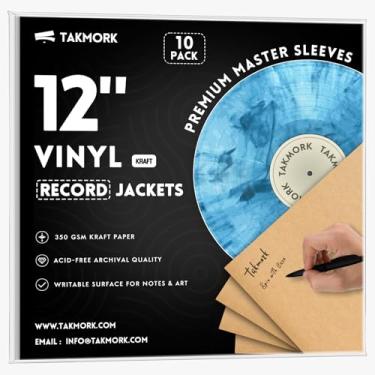 Imagem de TAKMORK Jaquetas de disco de vinil LP em branco de 30 cm, capas de álbum de papelão Kraft pesado de 350 g/m2 com lombada de 4 mm, sem orifício central, para bricolage e armazenamento, marrom, 10 peças